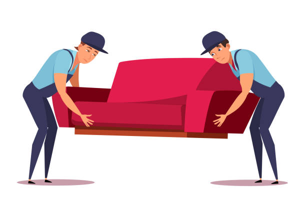 Furniture shipping flat vector illustration. Exhausted delivery men carrying sofa cartoon characters. Two tired workers in uniform holding couch. Moving company service. Freight transportation